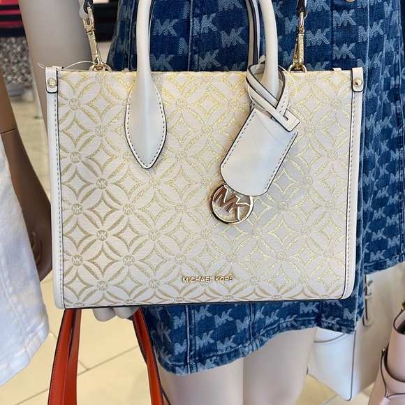 Michael Kors Mirella Small Metallic Logo Jacquard Crossbody Bag
Light Cream 
NWT - Picture 9 of 16